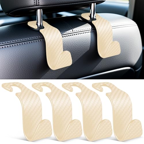 SINGARO Universal 4 Pack Car Seat Headrest Purse Hook, Carbon Fiber Back Seat Hook Storage Organizer Hanger for Purse Handbag Coat, Car Interior Accessories(Beige) - color: Beige, size: 4pc