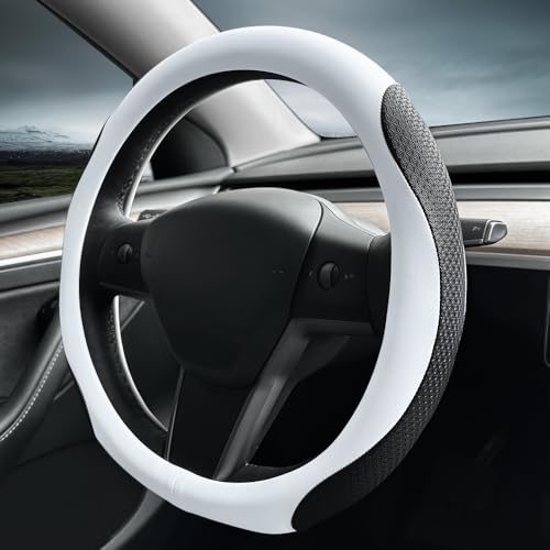 LKWLIKEI Nappa Leather Ultra-Thin Steering Wheel Cover, for Tesla Model 3/Y Steering Wheel Cover, Non-Slip Design and Interior Modification of car Accessories （White） - color: white