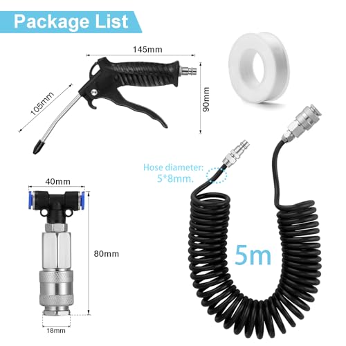 Truck Air Duster Gun with 5 Metre Recoil Air Hose, Air Seat Blow Dust Gun Heavy Duty Air Gun Cleaning Kit for Truck Semi Trailers