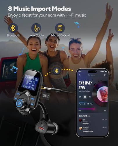 Nulaxy [2026 KM18 Upgraded Version] 48W Bluetooth 5.4 Car Adapter with Fasting Charging Ports [PD 30W & QC3.0 18W], Supports Hands-Free Call, 1.44" Screen Wireless Radio FM Transmitter, Black - color: Black