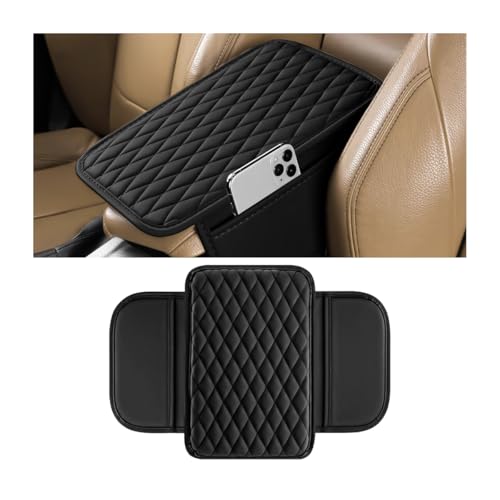 Car Armrest Cushion Pad, Leather Vehicle Center Console Cover with 2 Storage Bags, Non-Slip Automotive Interior Arm Rest Seat Box Cover Accessories, Universal for SUV RV Sedan (Black) - color: Black