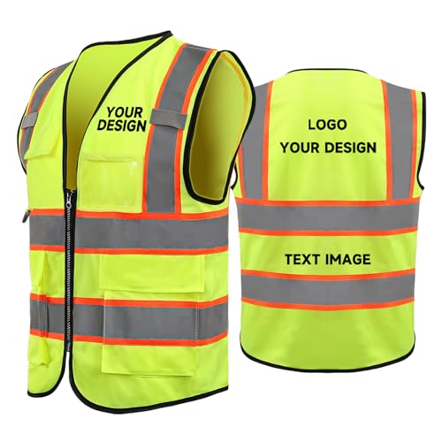 Custom Safety Vest with LOGO High Visibility Vest with 5 Pockets and Zipper Reflective ANSI/ISEA 107 Class 2 Type R - color: Yellow-1 Piece, size: Small