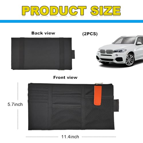 Povtii 2 PCS Car Sun Visor Organizer, Oxford Cloth Multi-Pocket Storage Holder with Zipper, Auto Visor Storage Net Pouch for Card Note Phone Registration, Car Accessories (Black)