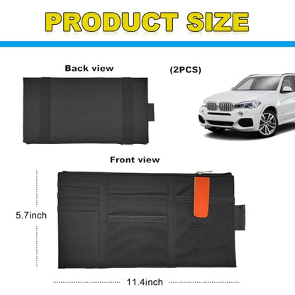 Povtii 2 PCS Car Sun Visor Organizer, Oxford Cloth Multi-Pocket Storage Holder with Zipper, Auto Visor Storage Net Pouch for Card Note Phone Registration, Car Accessories (Black)