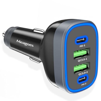 USB C Car Charger, Meagoes 4 Ports 90W Super Fast Charging, Dual 45W USBC & QC3.0 USB 12V Cigarette Lighter Adapter for iPhone 17 Air 16 15 iPad Tablet Google, Samsung S26 Android Type C Cell Phone