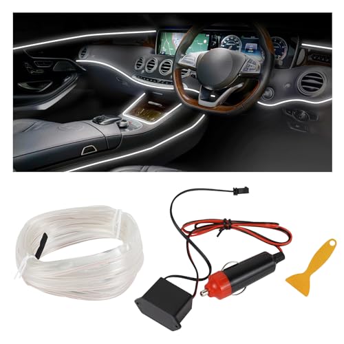 EL Wire Interior Car LED Strip Lights, 16.4FT RGB Cigarette Lighter Neon Automotive Light Strip, Electroluminescent Vehicle Ambient Lighting Kit, Interior Decoration Car Accessories (White) - color: White, size: Cigarette Lighter