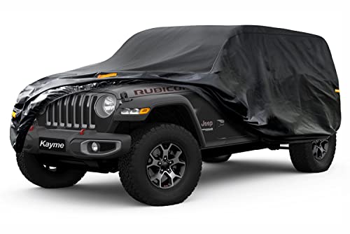 Kayme 7 Layers Car Cover Custom Fit for Jeep Wrangler 4 Dr/Unlimited 4 Door JK JL, Waterproof All Weather for Automobiles, Outdoor Full Cover Rain Sun UV Protection.Black - color: PE-Black, size: Custom Fit Jeep Wrangler 4 Dr