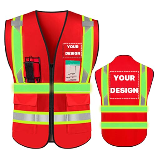 High Visibility Reflective Safety Vest with Pockets Custom Your Logo Safety Workwear - color: Luminous Red, size: Medium