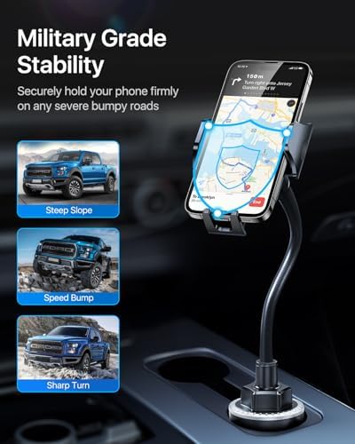 andobil Military-Grade Cup Phone Holder for Car/Truck, [2026 Enhanced] 13" 360° Adjustable Gooseneck w/Anti-Shake Car Mount, Universal Car Phone Holder for iPhone/Samsung/Pixel All 4.0-7.0" Devices - color: Black