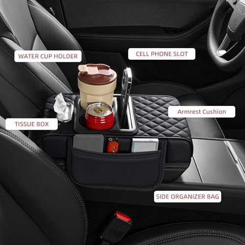 5 in 1 Car Center Console Cover, Armrest Pad with 2 Storage Pockets, Cup Holder, Tissue Box Slot, Phone Holder, Universal Car Interior Organizer (Black) - color: Black