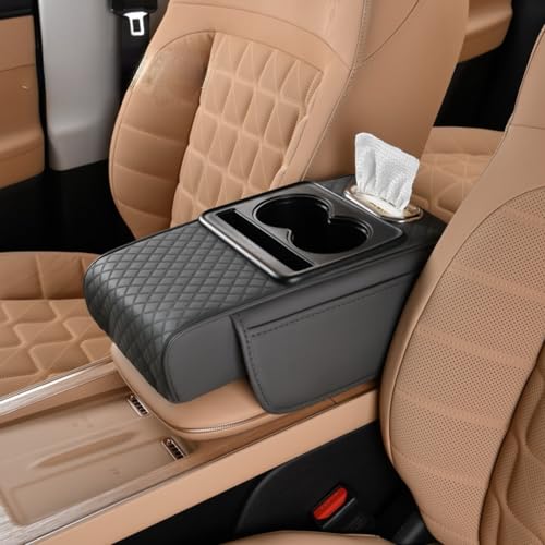 Car Center Console Pad Leather Armrest Pad w/Cup Holder, Tissue Box Slot, Side Bag, Phone Slot for Car Sedans (Embossed, Grey) - color: Grey, style: Embossed