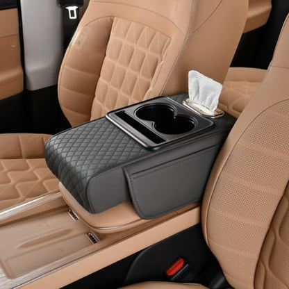Car Center Console Pad Leather Armrest Pad w/Cup Holder, Tissue Box Slot, Side Bag, Phone Slot for Car Sedans (Embossed, Grey) - color: Grey, style: Embossed