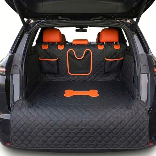 SUV Cargo Liner for Dogs, 100% Waterproof PU Leather Dog Trunk Cover for SUV with Bumper Flap & Side Walls, Heavy Duty Pet Cargo Protector, Fit for Most Mid-Size Large SUVs (Bone Pattern, L) - color: Bone, size: L
