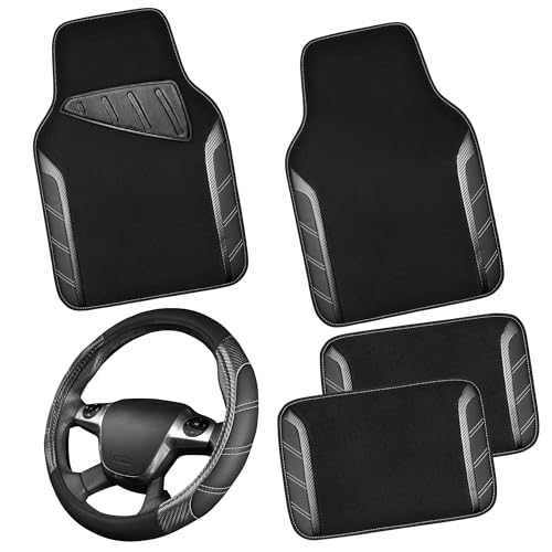 CAR PASS Leather Steering Wheel Cover and Waterproof Car Floor Mats,Microfiber Universal Car Combo Fit for 95% Sedan,SUV,Cars,14.5-15inch Sporty Anti-Slip Safety Comfortable Design(Carbon Fiber Black) - color: Carbon Fiber Black