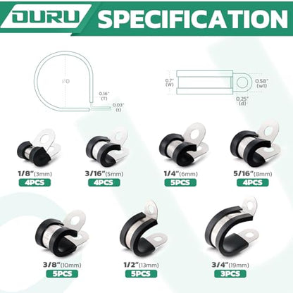 OURU 30PCS Cable Clamps Assortment Kit,7 Sizes—1/8" 3/16" 1/4" 5/16" 3/8" 1/2" 3/4" Stainless Steel Rubber Coated Cushioned Insulated Cable Clamp,Automotive Wire Pipe Clamps - size: 30pcs - 1/8", 3/16", 1/4", 5/16", 3/8", 1/2", 3/4"