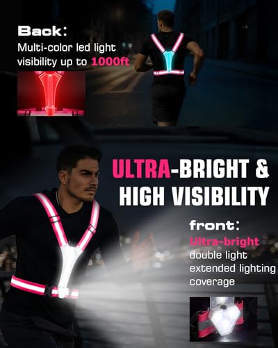 Zacro LED Reflective Vest with Chest Light 500LM, 5 RGB Colors High Visibility Rechargeable Light Up Running Vest IPX4 Night Safety Running Gear for Dog Walking, Cycling, Adjustable for Men Women Kids - color: Pink