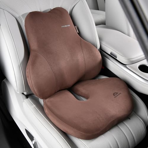 Coverado Memory Foam Car Seat Cushion and Lumbar Support Pillow for Car, Ergonomic Office Chair Cushion for Lower Back Pain Relief, Breathable & Non-Slip for Car, Home, and Office Use, Coffee - color: Coffee, size: Seat + Lower Back Support