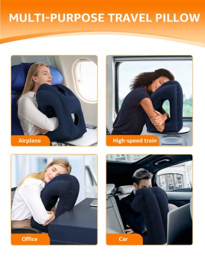 Sunany Travel Pillow, Inflatable Neck Pillow Used for Airplanes/Cars/Buses/Trains/Office Napping with Eye Mask/Earplugs (Blue) - color: Blue