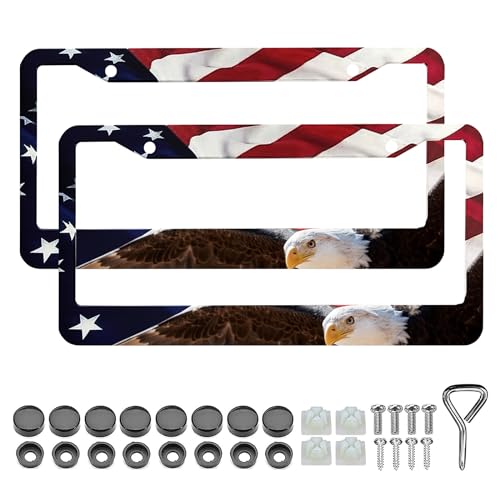 LIN KANG American Flag Eagle License Plate Frame Holder - 2 Pack Patriotic Universal Aluminum Matte Stripe US Flag Gloss Car Tag Frame Holder Accessory with Screws Fasteners Caps - color: American Flag Eagle B