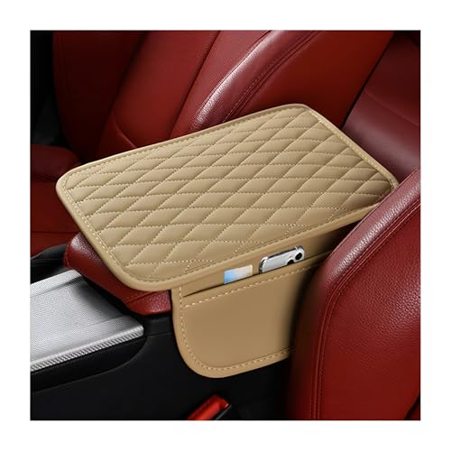 Car Center Console Cover, Leather Vehicle Armrest Seat Box Cushion Pad with Storage Bags, Waterproof Automotive Middle Console Protector, Universal for SUV RV Truck (Beige) - color: Beige