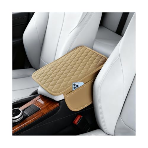 Car Centre Console Cover, Leather Vehicle Armrest Cushion with 2 Storage Pockets, Waterproof Automotive Interior Arm Rest Cover Pad Accessories, Universal for SUV Sedan Truck (Beige) - color: Beige