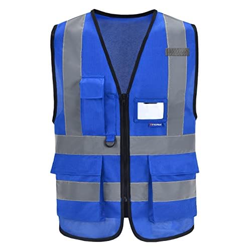 A-SAFETY Blue Safety Vest Reflective Work Vest,Hi Vis Bright Neon Color with 4 Reflective Strips 7 Pockets,Small - color: Blue, size: Small
