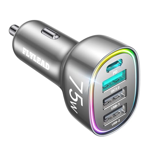 75W Car Charger USB C, 4 Port Super Fast Cigarette Lighter USB Charger, Type C 60W & QC 3.0 Multiport Car Phone Adapter Accessories for iPhone 17/16/15/14/13/12 Pro Samsung S26 Series, Titanium - color: Titanium