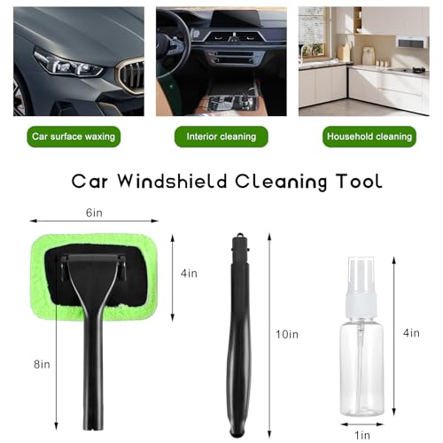 Car Windshield Cleaning Tool, Microfiber Windscreen Cleaner with 4 Washable Cloth Pads & Spray Bottle, Reusable Window Cleaning Kit with Detachable Handle for Auto Glass Wiper