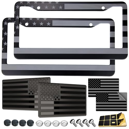 American Flag License Plate Frames - 2 Pack Black Stainless Steel Patriotic USA Car Tag Frame with UV-Printed Flag & 3D Metal Decals - style: Grey-Stainless steel-Wide