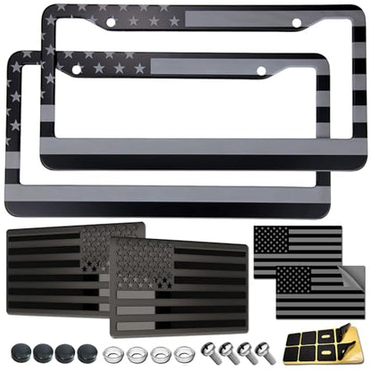 American Flag License Plate Frames - 2 Pack Black Stainless Steel Patriotic USA Car Tag Frame with UV-Printed Flag & 3D Metal Decals - style: Grey-Stainless steel-Wide