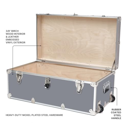 Rhino Trunk & Case Large Essential Trunk With Wheels 32”x18”x14”, 1000+ lbs Capacity - Many Colors. Strong, USA Made Summer Camp Footlocker, and Secure College Dorm Storage Chest - color: Gray