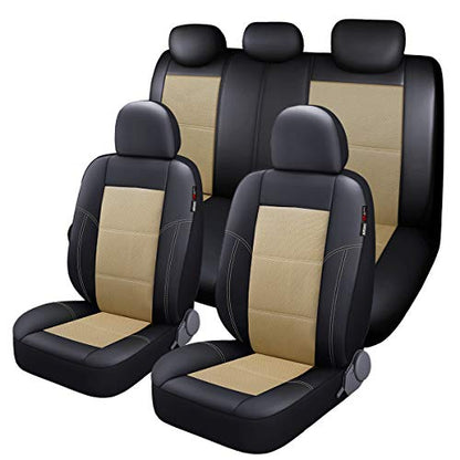 P&J AUTO Leather and Mesh Car Seat Cover Full Set in 9pcs Universal Fit for Cars Trucks Vans & SUVs Airbag Compatible (Beige) - color: Beige