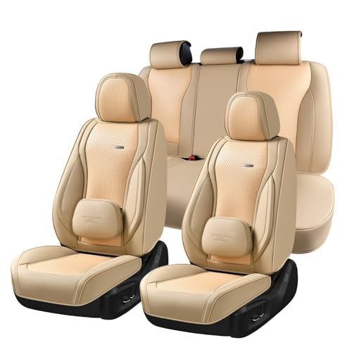 Coverado Car Seat Covers Full Set, Beige Seat Covers for Cars, Waterproof Nappa Leather Automotive Seat Covers with Lumbar Head Pillow, Car Seat Protectors, Universal Fit for Most Cars SUV - color: Beige（Pillow）, size: FullSet