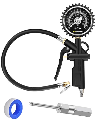 Atsafepro Tire Pressure Gauge with Inflator - 0-220PSI ANSI B40.1 Accurate, 2.5" Easy Read Glow Dial & Rubber Hose, Air Compressor Attachments for Tire Pressure Check - size: Mechanical Pressure Gauge With Inflator