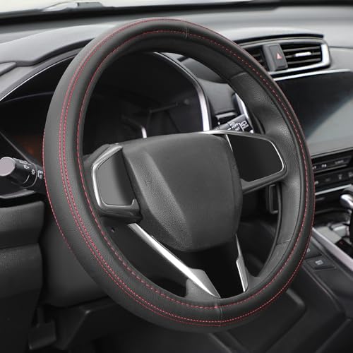 Auto Dynasty Car Steering Wheel Cover, Microfiber Leather Steering Wheel Covers Protector with Anti-Slip Inner Lining, Universal 14.5 to 15 Inch Car Interior Accessories, Red Stitching - color: Stitched Red B