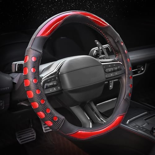 Valleycomfy PU Leather Steering Wheel Cover for Women and Men,Anti-Slip Finish Universal 14.5-15 Inch for Medium Size Auto Car,Red - color: Red