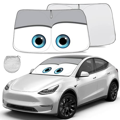 Gven Sunshade for Tesla Model Y Accessories 2025 Funny Eyes Windshield Sun Shade Car Front Window Shade for Tesla Model 3 Accesssories Dual-Sided Versatility (Grey Eyes) - color: Grey, size: Tesla Model Y/3 (Custom Fit)