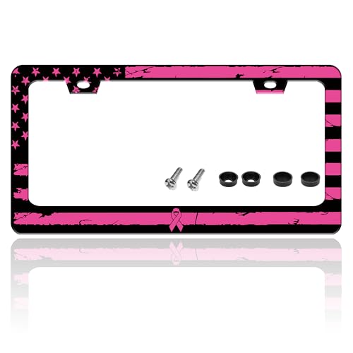 Breast Cancer Awareness Pink Ribbon License Plate Frame American Flag License Plate Holder for Front or Rear Car Tags Reusable Stainless Steel Funny Car Decoration with Screws 6.3 X 12.2 in - color: Breast Cancer Awareness Pink Ribbon