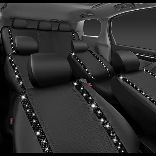 CAR PASS Bling Diamond Car Seat Covers, Shining Rhinestones Waterproof Faux Leather, 7 Seats 3 Rows with Zipper Glitter Crystal Sparkle Strips Universal Fit 95% MPV,SUV,CAR for Women Girl, Black - color: Solid Black Seven Seats, size: Full Set
