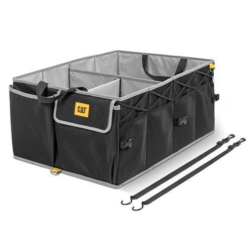 CAT® FlexTrunk Car Trunk Organizer and Storage - Collapsible Multi-Compartment Automotive Adjustable Multiple Pocket Expandable Sturdy Multipurpose Folding Cargo Store for Auto Backseat - color: Black