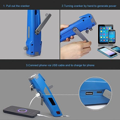 LUXON 8-in-1 Car Emergency Escape Safety Tool Kit:Window Breaker,Seat Belt Cutter,LED Flashlight,Rescue Tool USB Charger,Sire Blink Light, Hand Cranking Charge,Magnetic for Vehicle Escape(Blue) - color: Blue, size: 1 Count(Pack of 1)