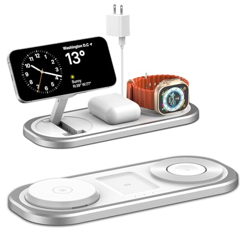 3 in 1 Fast Wireless Charger Stand for iPhone, Foldable Travel Charging Station for Magsafe for iPhone 17/Air/16/15/14/13/12 Series, Apple Watch Series, AirPods pro/2/3/4, Gifts for Women Men (Silver) - color: Silver