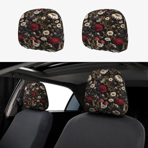 2PCS Car Headrest Cover Red Floral Auto Seat Head Rest Protector Decoration for Most Vehicles Vintage Mushroom Black Head Rest Cushion Universal Cars Accessories - color: Cute Mushroom