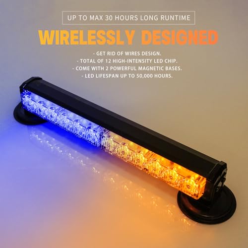 14 in Battery Powered Police Emergency Strobe Lights Bar Wireless Rooftop Hazard Flashing LED Beacon Warning Light w/Magnetic Base for Law Enforcement Vehicles Firefighter Trucks (Amber/Blue) - color: Amber/Blue