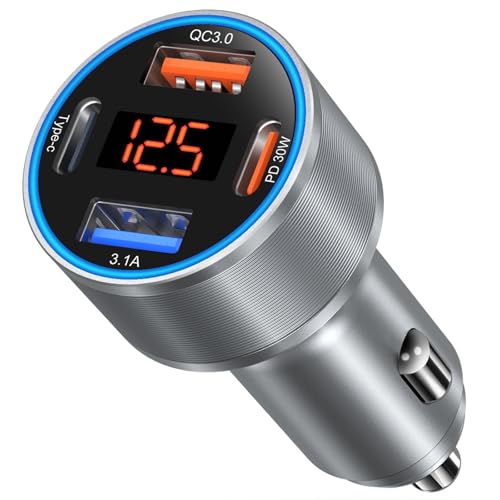 Car Charger USB C, 65W Dual 12V Car USB Charger Multiport with Voltage Display PD/QC 3.0 Super Fast Charge Cigarette Lighter Adapter for iPhone 17 16 15 14 13 12 Pad Pro Air(Gray) - color: Gray, size: 1-Pack