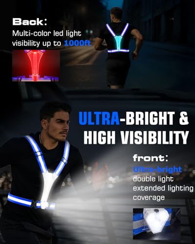 Zacro LED Reflective Vest with Chest Light 500LM, 5 RGB Colors High Visibility Rechargeable Light Up Running Vest IPX4 Night Safety Running Gear for Dog Walking, Cycling, Adjustable for Men Women Kids - color: Blue
