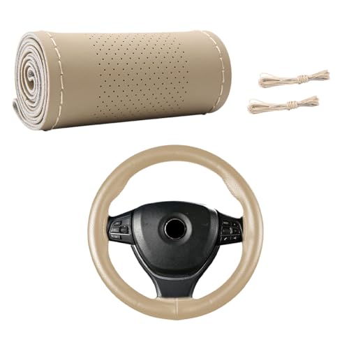 Wevdn Genuine Leather Steering Wheel Cover, Stitch on Wrap, DIY Sewing Steering Wheel Protector, 15 Inch Breathable Non-Slip Steering Wheel Protector, Car Accessories (Beige, Middle Hole) - color: Beige, size: Middle Hole
