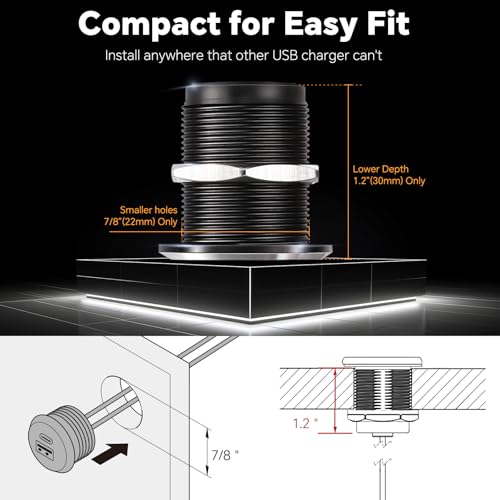 12V USB Outlet All-Aluminum QC 3.0 USB-A & USB-C PD3.0 Dual Fast Car Charger Socket, Recessed Mount Car USB Port for Car Truck Boat RV Camper Van Trailer (Small Version) - color: Small Version
