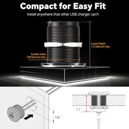 12V USB Outlet All-Aluminum QC 3.0 USB-A & USB-C PD3.0 Dual Fast Car Charger Socket, Recessed Mount Car USB Port for Car Truck Boat RV Camper Van Trailer (Small Version) - color: Small Version