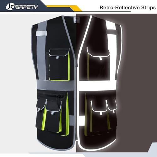 JKSafety 10 Pockets High Visibility Zipper Front Black Safety Vest with High Reflective Strips Meets ANSI/ISEA Standards (Medium, 88-Black) - color: Black, size: Medium